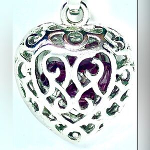 Silver Filigree Heart Purple Crystal Cage Pendant Chain Necklace Valentine’s Day